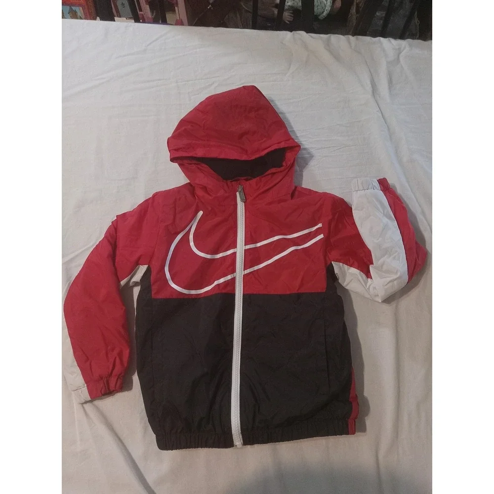 Nike Jacket Toddler Boys Sz 4 Red/Black‎ Hooded Fleece Windbreaker Swoosh Logo